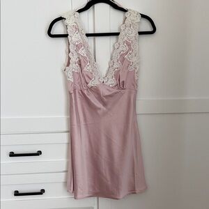 Vici Satin Chemise Slip in Light Pink with Ivory Lace